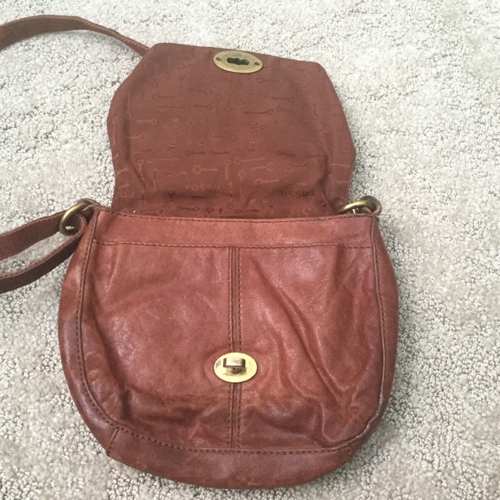 Fossil Brown Leather Crossbody Saddle Bag Boho Country Zip Closure - Picture 3 of 4